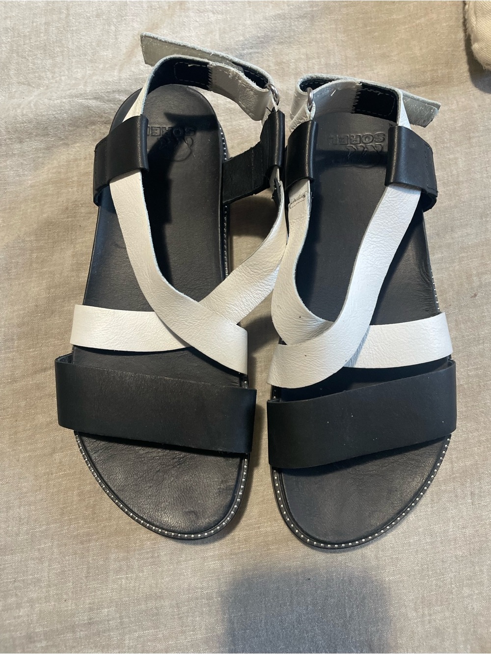 Sorel Black and White Cross-Strap Leather Sandals